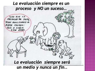 La evaluación siempre es un
proceso y NO un suceso…
La evaluación siempre será
un medio y nunca un fin..
 