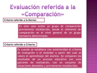 Criterio referido a la Norma:
En este caso existe un grupo de comparación
previamente establecido, donde el referente de
comparación es el nivel general de un grupo
normativo determinado.
Es cuando se establece con anterioridad el criterio
de evaluación o el estándar a partir del cual se
valora el aprendizaje del alumno. Se comparan los
resultados de un proceso educativo con unos
patrones de realización, con un conjunto de
situaciones deseables y previamente establecidas.
Criterio referido a Criterio:
 