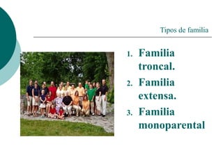 Tipos de familia
1. Familia
troncal.
2. Familia
extensa.
3. Familia
monoparental
 