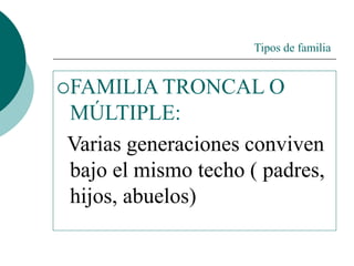 Tipos de familia
FAMILIA TRONCAL O
MÚLTIPLE:
Varias generaciones conviven
bajo el mismo techo ( padres,
hijos, abuelos)
 