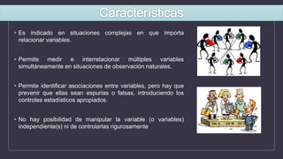 • Es indicado en situaciones complejas en que importa
relacionar variables.
• Permite medir e interrelacionar múltiples variables
simultáneamente en situaciones de observación naturales.
• Permite identificar asociaciones entre variables, pero hay que
prevenir que ellas sean espurias o falsas, introduciendo los
controles estadísticos apropiados.
• No hay posibilidad de manipular la variable (o variables)
independiente(s) ni de controlarlas rigurosamente
 