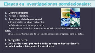 1. Definir el problema.
2. Revisar la literatura.
3. Determinar el diseño operacional:
a) Identificar las variables pertinentes.
b) Seleccionar los sujetos apropiados.
e) Determinar cuáles instrumentos son los más apropiados para obtener los
datos.
d) Seleccionar las técnicas de correlación estadística apropiadas para los datos.
4. Recogerlos datos.
5. Analizar los datos por medio de las correspondientes técnicas
correlacionales e interpretar los resultados.
 