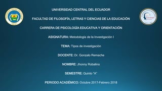 UNIVERSIDAD CENTRAL DEL ECUADOR
FACULTAD DE FILOSOFÍA, LETRAS Y CIENCIAS DE LA EDUCACIÓN
CARRERA DE PSICOLOGÍA EDUCATIVA Y ORIENTACIÓN
ASIGNATURA: Metodología de la Investigación I
TEMA: Tipos de investigación
DOCENTE: Dr. Gonzalo Remache
NOMBRE: Jhonny Robalino
SEMESTRE: Quinto “A”
PERIODO ACADÉMICO: Octubre 2017-Febrero 2018
 