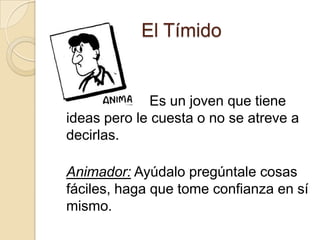 El Tímido				Es un joven que tiene ideas pero le cuesta o no se atreve a decirlas.Animador: Ayúdalo pregúntale cosas fáciles, haga que tome confianza en sí mismo.