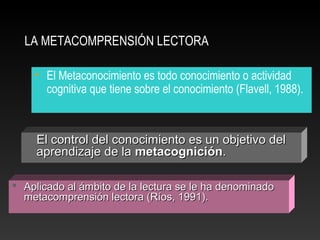 LA METACOMPRENSIÓN LECTORA
• El Metaconocimiento es todo conocimiento o actividad
cognitiva que tiene sobre el conocimiento (Flavell, 1988).
 El control del conocimiento es un objetivo delEl control del conocimiento es un objetivo del
aprendizaje de laaprendizaje de la metacogniciónmetacognición..
 Aplicado al ámbito de la lectura se le ha denominadoAplicado al ámbito de la lectura se le ha denominado
metacomprensión lectora (Ríos, 1991).metacomprensión lectora (Ríos, 1991).
 