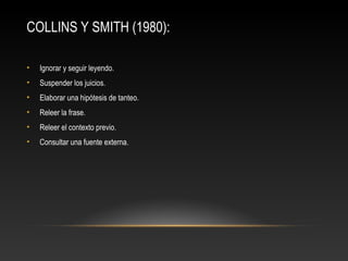 COLLINS Y SMITH (1980):
• Ignorar y seguir leyendo.
• Suspender los juicios.
• Elaborar una hipótesis de tanteo.
• Releer la frase.
• Releer el contexto previo.
• Consultar una fuente externa.
 
