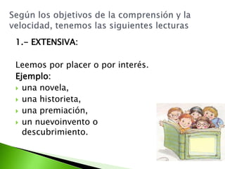 1.- EXTENSIVA:
Leemos por placer o por interés.
Ejemplo:
 una novela,
 una historieta,
 una premiación,
 un nuevoinvento o
descubrimiento.
 