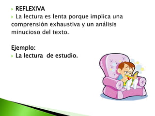  REFLEXIVA
 La lectura es lenta porque implica una
comprensión exhaustiva y un análisis
minucioso del texto.
Ejemplo:
 La lectura de estudio.
 