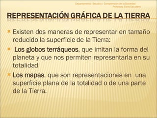 Existen dos maneras de representar en tamaño reducido la superficie de la Tierra: Los globos terráqueos , que imitan la forma del planeta y que nos permiten representarla en su totalidad Los mapas , que son representaciones en  una superficie plana de la totalidad o de una parte de la Tierra. Departamento  Estudio y  Comprensión de la Sociedad  Profesora Carla Escudero 