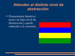 Atienden al distinto nivel de abstracción  Pensamiento Intuitivo: posee un bajo nivel de abstracción y queda reducido a lo concreto. 
