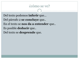 ¿cómo se ve?
Del texto podemos inferir que…
Del párrafo 2 se concluye que..
En el texto se nos da a entender que..
Es posible deducir que..
Del texto se desprende que.
 
