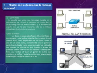 3) Conmutada
Es aquella que utiliza una tecnología basada en la
conmutación de circuitos o paquetes, el circuito PtP es
aquel configurado de forma dinámica y al momento de
dejarlo caer ya no sea necesario, este es el método
utilizado por la telefonía convencional
4) Red en estrella
Los datos en estas redes fluyen del emisor hasta el
concentrador, este realiza todas las funciones de la red,
además actúa como amplificador de los datos. La red se
une en un único punto, normalmente con un panel de
control centralizado, como un concentrador de cableado.
Los bloques de información son dirigidos a través del
panel de control central hacia sus destinos. Este esquema
tiene una ventaja al tener un panel de control que
monitorea el tráfico y evita las colisiones y una conexión
interrumpida no afecta al resto de la red
• ¿Cuáles son las topologías de red más
comunes?
 