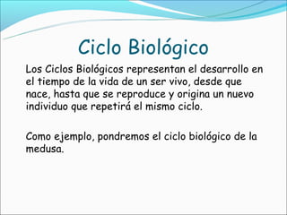 Ciclo Biológico
Los Ciclos Biológicos representan el desarrollo en
el tiempo de la vida de un ser vivo, desde que
nace, hasta que se reproduce y origina un nuevo
individuo que repetirá el mismo ciclo.

Como ejemplo, pondremos el ciclo biológico de la
medusa.
 