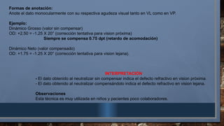 Formas de anotación:
Anote el dato monocularmente con su respectiva agudeza visual tanto en VL como en VP.
Ejemplo:
Dinámico Grosso (valor sin compensar)
OD: +2.50 = -1.25 X 20° (corrección tentativa para vision próxima)
Siempre se compensa 0.75 dpt (retardo de acomodación)
Dinámico Neto (valor compensado)
OD: +1.75 = -1.25 X 20° (corrección tentativa para vision lejana).
INTERPRETACIÓN
- El dato obtenido al neutralizar sin compensar indica el defecto refractivo en vision próxima.
- El dato obtenido al neutralizar compensándolo indica el defecto refractivo en vision lejana.
Observaciones
Esta técnica es muy utilizada en niños y pacientes poco colaboradores.
 