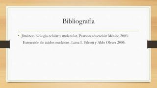 Bibliografia
• Jiménez. biología celular y molecular. Pearson educación México 2003.
Extracción de ácidos nucleicos .Luisa I. Falcon y Aldo Olvera 2005.
 