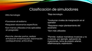 Clasificación de simuladores
•Alta tecnología
•Favorecen el realismo
•Requieren escenarios específicos
•Son menos utilizados (más aplicables
en posgrado)
•Permite: atender partos, realizar
entubación endotraqueal, reanimaciön
cardiopulmonar, entre otras.
*Baja tecnología
*Involucran niveles de marginación en el
operador
*Requieren mejor planteamiento del
escenario
*Son más utilizados
*Permite: realizar maniobras invasivas y no
invasivas, por ejemplo, aplicación de
inyecciones, toma de presión arterial,
oftalmoscopía, exploración.
 