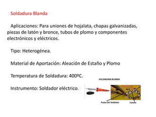 Soldadura Blanda 
Aplicaciones: Para uniones de hojalata, chapas galvanizadas, 
piezas de latón y bronce, tubos de plomo y componentes 
electrónicos y eléctricos. 
Tipo: Heterogénea. 
Material de Aportación: Aleación de Estaño y Plomo 
Temperatura de Soldadura: 400ºC. 
Instrumento: Soldador eléctrico. 
 