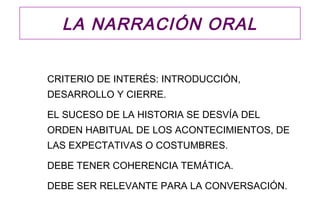 LA NARRACIÓN ORAL


CRITERIO DE INTERÉS: INTRODUCCIÓN,
DESARROLLO Y CIERRE.

EL SUCESO DE LA HISTORIA SE DESVÍA DEL
ORDEN HABITUAL DE LOS ACONTECIMIENTOS, DE
LAS EXPECTATIVAS O COSTUMBRES.

DEBE TENER COHERENCIA TEMÁTICA.

DEBE SER RELEVANTE PARA LA CONVERSACIÓN.
 