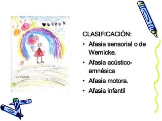 CLASIFICACIÓN:  Afasia sensorial o de Wernicke.  Afasia acústico-amnésica  Afasia motora.  Afasia infantil 