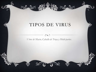 TIPOS DE VIRUS
Virus de Macro, Caballo de Troya y Multi-partes.
 