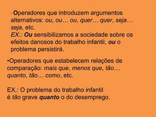 • Operadores que introduzem argumentos
alternativos: ou, ou… ou, quer… quer, seja…
seja, etc.
EX.: Ou sensibilizamos a sociedade sobre os
efeitos danosos do trabalho infantil, ou o
problema persistirá.
•Operadores que estabelecem relações de
comparação: mais que, menos que, tão…
quanto, tão… como, etc.
EX.: O problema do trabalho infantil
é tão grave quanto o do desemprego.
 