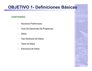 OBJETIVO 1- Definiciones Básicas

 CONTENIDO

     -   Nociones Preliminares

     -   Ciclo De Desarrollo De Programas

 ...