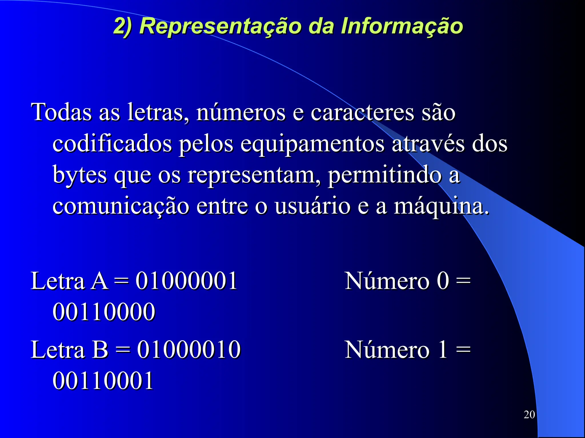 20
2) Representação da Informação
2) Representação da Informação
Todas as letras, números e caracteres são
Todas as letras, números e caracteres são
codificados pelos equipamentos através dos
codificados pelos equipamentos através dos
bytes que os representam, permitindo a
bytes que os representam, permitindo a
comunicação entre o usuário e a máquina.
comunicação entre o usuário e a máquina.
Letra A = 01000001
Letra A = 01000001 Número 0 =
Número 0 =
00110000
00110000
Letra B = 01000010
Letra B = 01000010 Número 1 =
Número 1 =
00110001
00110001
 