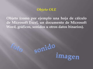 Objeto OLE

Objeto (como por ejemplo una hoja de cálculo
de Microsoft Excel, un documento de Microsoft
Word, gráficos, sonidos u otros datos binarios).
 