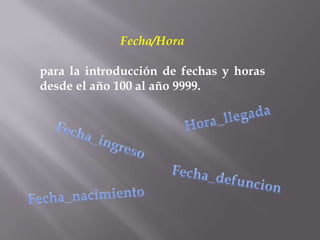 Fecha/Hora

para la introducción de fechas y horas
desde el año 100 al año 9999.
 