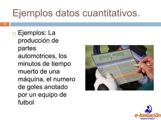 Ejemplos datos cuantitativos.
11


        Ejemplos: La
         producción de
         partes
         automotrices, los
         minutos de tiempo
         muerto de una
         máquina, el numero
         de goles anotado
         por un equipo de
         futbol
 