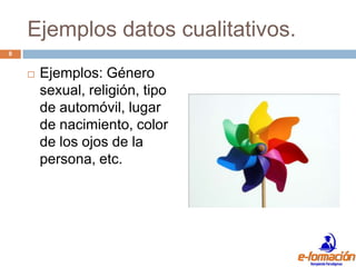 Ejemplos datos cualitativos.
8


       Ejemplos: Género
        sexual, religión, tipo
        de automóvil, lugar
        de nacimiento, color
        de los ojos de la
        persona, etc.
 