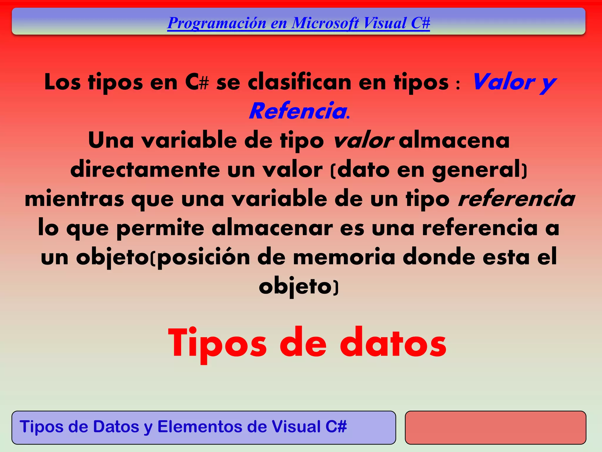 Tipos de Datos y Elementos de Visual C#
Programación en Microsoft Visual C#
Los tipos en C# se clasifican en tipos : Valor y
Refencia.
Una variable de tipo valor almacena
directamente un valor (dato en general)
mientras que una variable de un tipo referencia
lo que permite almacenar es una referencia a
un objeto(posición de memoria donde esta el
objeto)
Tipos de datos
 