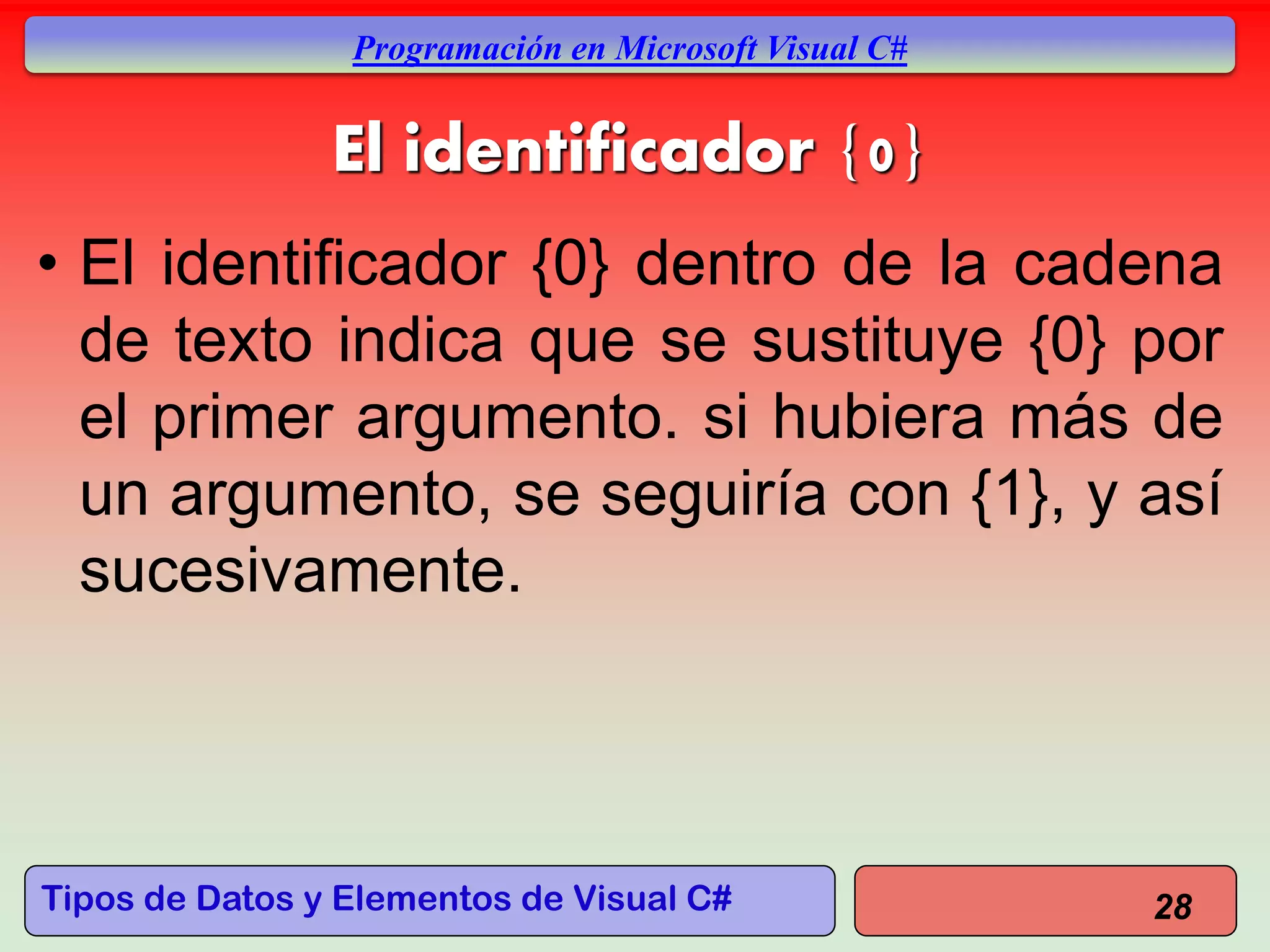 Tipos de Datos y Elementos de Visual C#
Programación en Microsoft Visual C#
El identificador {0}
• El identificador {0} dentro de la cadena
de texto indica que se sustituye {0} por
el primer argumento. si hubiera más de
un argumento, se seguiría con {1}, y así
sucesivamente.
28
 