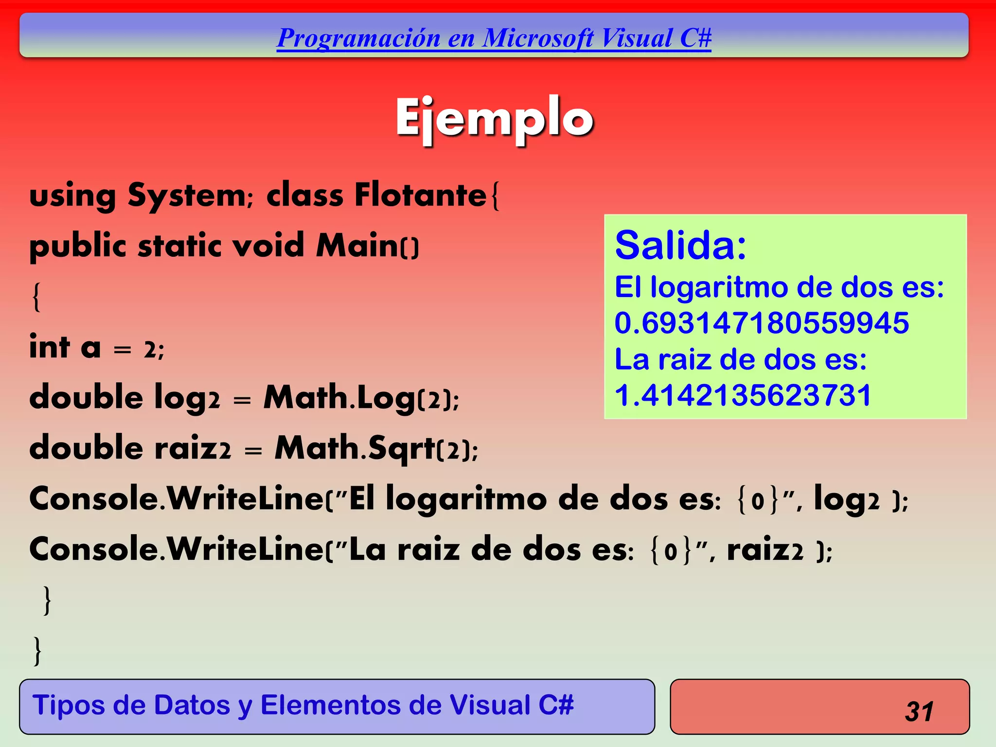 Tipos de Datos y Elementos de Visual C#
Programación en Microsoft Visual C#
Ejemplo
using System; class Flotante{
public static void Main()
{
int a = 2;
double log2 = Math.Log(2);
double raiz2 = Math.Sqrt(2);
Console.WriteLine("El logaritmo de dos es: {0}", log2 );
Console.WriteLine("La raiz de dos es: {0}", raiz2 );
}
}
31
Salida:
El logaritmo de dos es:
0.693147180559945
La raiz de dos es:
1.4142135623731
 