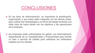 CONCLUSIONES
 En los tipos de Administración, es importante la planificación,
organización y que estas estén integrada con las demás áreas,
para unificar las metodologías y la forma de trabajo teniendo una
meta clara de hacia dónde van los objetivos y las operaciones
de la empresa.
 las empresas están enfocándose ha aplicar una Administración
dependiendo de su Competitividad y Productividad para brindar
un bien o servicio de calidad para satisfacer los estándares
exigidos por los clientes.
 