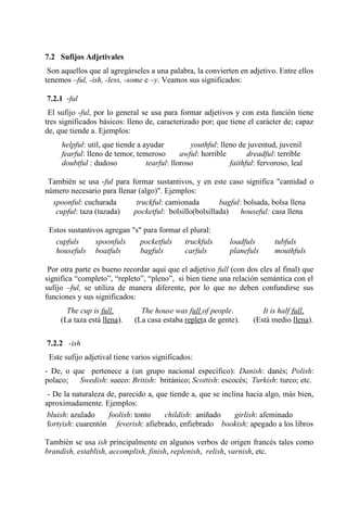 7.2 Sufijos Adjetivales
Son aquellos que al agregárseles a una palabra, la convierten en adjetivo. Entre ellos
tenemos –ful, -ish, -less, -some e –y. Veamos sus significados:
7.2.1 -ful
El sufijo -ful, por lo general se usa para formar adjetivos y con esta función tiene
tres significados básicos: lleno de, caracterizado por; que tiene el carácter de; capaz
de, que tiende a. Ejemplos:
helpful: util, que tiende a ayudar youthful: lleno de juventud, juvenil
fearful: lleno de temor, temeroso awful: horrible dreadful: terrible
doubtful : dudoso tearful: lloroso faithful: fervoroso, leal
También se usa -ful para formar sustantivos, y en este caso significa "cantidad o
número necesario para llenar (algo)". Ejemplos:
spoonful: cucharada truckful: camionada bagful: bolsada, bolsa llena
cupful: taza (tazada) pocketful: bolsillo(bolsillada) houseful: casa llena
Estos sustantivos agregan "s" para formar el plural:
cupfuls spoonfuls pocketfuls truckfuls loadfuls tubfuls
housefuls boatfuls bagfuls carfuls planefuls mouthfuls
Por otra parte es bueno recordar aquí que el adjetivo full (con dos eles al final) que
significa “completo”, “repleto”, “pleno”, si bien tiene una relación semántica con el
sufijo –ful, se utiliza de manera diferente, por lo que no deben confundirse sus
funciones y sus significados:
The cup is full. The house was full of people. It is half full.
(La taza está llena). (La casa estaba repleta de gente). (Está medio llena).
7.2.2 -ish
Este sufijo adjetival tiene varios significados:
- De, o que pertenece a (un grupo nacional específico): Danish: danés; Polish:
polaco; Swedish: sueco: British: británico; Scottish: escocés; Turkish: turco; etc.
- De la naturaleza de, parecido a, que tiende a, que se inclina hacia algo, más bien,
aproximadamente. Ejemplos:
bluish: azulado foolish: tonto childish: aniñado girlish: afeminado
fortyish: cuarentón feverish: afiebrado, enfiebrado bookish: apegado a los libros
También se usa ish principalmente en algunos verbos de origen francés tales como
brandish, establish, accomplish, finish, replenish, relish, varnish, etc.
 