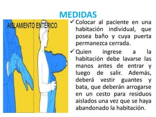 MEDIDAS
Colocar al paciente en una
habitación individual, que
posea baño y cuya puerta
permanezca cerrada.
Quien ingrese a la
habitación debe lavarse las
manos antes de entrar y
luego de salir. Además,
deberá vestir guantes y
bata, que deberán arrogarse
en un cesto para residuos
aislados una vez que se haya
abandonado la habitación.
 