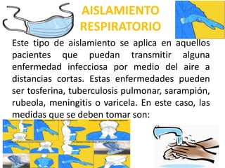 AISLAMIENTO
RESPIRATORIO
Este tipo de aislamiento se aplica en aquellos
pacientes que puedan transmitir alguna
enfermedad infecciosa por medio del aire a
distancias cortas. Estas enfermedades pueden
ser tosferina, tuberculosis pulmonar, sarampión,
rubeola, meningitis o varicela. En este caso, las
medidas que se deben tomar son:
 