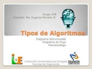 Grupo 248
Docente: Ma. Eugenia Morales M.




     Tipos de Algoritmos
                 Diagrama Estructurado
                     Diagrama de Flujo
                         Pseudocódigo




        Institución Universitaria de Envigado
               Facultad de Ingenierías
 