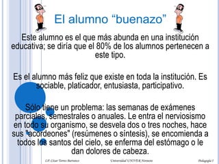 El alumno “buenazo”Este alumno es el que más abunda en una institución educativa; se diría que el 80% de los alumnos pertenecen a este tipo. Es el alumno más feliz que existe en toda la institución. Es sociable, platicador, entusiasta, participativo. Sólo tiene un problema: las semanas de exámenes parciales, semestrales o anuales. Le entra el nerviosismo en todo su organismo, se desvela dos o tres noches, hace sus "acordeones" (resúmenes o síntesis), se encomienda a todos los santos del cielo, se enferma del estómago o le dan dolores de cabeza.LP. César Torres Barranco                      Universidad UNIVER Noroeste                               Pedagogía I