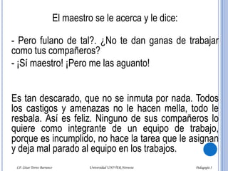 El alumno “flojonazo”Este alumno siempre llega tarde a clasesReprueba dos o tres asignaturas por semestre o ciclo escolar; llega a su lugar en el salón de clases y se acomoda en postura de descanso, con las manos en los bolsillos de su pantalón, observando toda la panorámica del aula.Todos los alumnos están haciendo un trabajo, pero él permanece tranquilo sin mover un solo dedo.LP. César Torres Barranco                      Universidad UNIVER Noroeste                               Pedagogía I