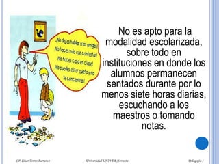 Por supuesto que no hace las tareas o si las realiza las olvida en su casa. Con frecuencia se queda solo en el salón, cuando todos sus compañeros ya salieron al terminar una clase. Despierta de su sueño- ¿A poco ya se acabó la clase?LP. César Torres Barranco                                             Universidad UNIVER Noroeste                                                                           Pedagogía I