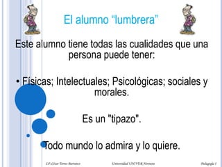 El alumno “lumbrera”Este alumno tiene todas las cualidades que una persona puede tener: Físicas; Intelectuales; Psicológicas; sociales y morales. Es un "tipazo". Todo mundo lo admira y lo quiere.LP. César Torres Barranco                      Universidad UNIVER Noroeste                               Pedagogía I