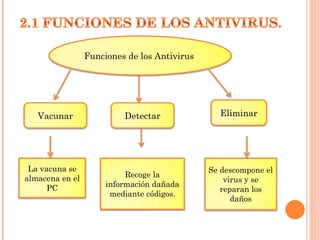 Funciones de los Antivirus  Detectar Vacunar Eliminar La vacuna se almacena en el PC Recoge la información dañada mediante códigos. Se descompone el virus y se reparan los daños 