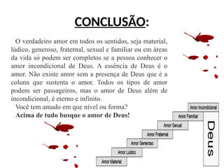 CONCLUSÃO:
O verdadeiro amor em todos os sentidos, seja material,
lúdico, generoso, fraternal, sexual e familiar ou em áreas
da vida só podem ser completos se a pessoa conhecer o
amor incondicional de Deus. A essência de Deus é o
amor. Não existe amor sem a presença de Deus que é a
coluna que sustenta o amor. Todos os tipos de amor
podem ser passageiros, mas o amor de Deus além de
incondicional, é eterno e infinito.
Você tem amado em que nível ou forma?
Acima de tudo busque o amor de Deus!
 