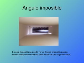 Ángulo imposible En esta fotografía se puede ver un ángulo imposible puesto que el objetivo de la cámara esta dentro de una caja de cartón. 
