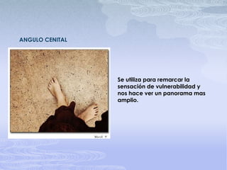 ANGULO CENITALSe utiliza para remarcar la sensación de vulnerabilidad y nos hace ver un panorama mas amplio.