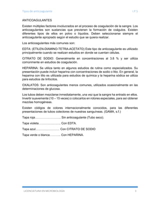 Tipos de anticoagulante I.P.S
LICENCIATURA EN MICROBIOLOGÍA 3
ANTICOAGULANTES
Existen múltiples factores involucrados en el proceso de coagulación de la sangre. Los
anticoagulantes son sustancias que previenen la formación de coágulos. Existen
diferentes tipos de ellos en polvo o líquidos. Deben seleccionarse siempre el
anticoagulante apropiado según el estudio que se quiera realizar.
Los anticoagulantes más comunes son:
EDTA: (ETILEN-DIAMINO-TETRA-ACETATO) Este tipo de anticoagulante es utilizado
principalmente cuando se realizan estudios en donde se cuentan células.
CITRATO DE SODIO: Generalmente en concentraciones al 3.8 % y ser utiliza
comúnmente en estudios de coagulación.
HEPARINA: Se utiliza tanto en algunos estudios de rutina como especializados. Su
presentación puede incluir heparina con concentraciones de sodio o litio. En general, la
heparina con tilio es utilizada para estudios de química y la heparina sódica se utiliza
para estudios de linfocitos.
OXALATOS: Son anticoagulantes menos comunes, utilizados ocasionalmente en las
determinaciones de glucosa.
Los tubos deben mezclarse inmediatamente, una vez que la sangre ha entrado en ellos.
Invertir suavemente (10 – 15 veces) o colocarlos en rotores especiales, para así obtener
mezclas homogéneas.
Existen códigos de colores internacionalmente conocidos, para las diferentes
presentaciones de tubos colectores de nuestras sanguíneas. (GAMA, s.f.)
Tapa roja…………………….. Sin anticoagulante (Tubo seco).
Tapa violeta…………………. Con EDTA.
Tapa azul…………………… Con CITRATO DE SODIO
Tapa verde o blanca……….. Con HEPARINA.
 