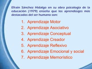 Efraín Sánchez Hidalgo en su obra psicología de la
educación (1979) enseña que los aprendizajes más
destacados del ser humano son:

1.
2.
3.
4.
5.
6.
7.

Aprendizaje Motor
Aprendizaje Asociativo
Aprendizaje Conceptual
Aprendizaje Creador
Aprendizaje Reflexivo
Aprendizaje Emocional y social
Aprendizaje Memorístico

 