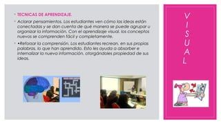V
I
S
U
A
L
◦ TECNICAS DE APRENDIZAJE.
◦ Aclarar pensamientos. Los estudiantes ven cómo las ideas están
conectadas y se dan cuenta de qué manera se puede agrupar u
organizar la información. Con el aprendizaje visual, los conceptos
nuevos se comprenden fácil y completamente.
◦ •Reforzar la comprensión. Los estudiantes recrean, en sus propias
palabras, lo que han aprendido. Esto les ayuda a absorber e
internalizar la nueva información, otorgándoles propiedad de sus
ideas.
 